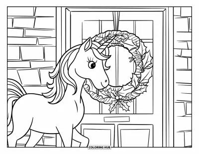 Coloriage de licorne de Noël pour enfants : Une licorne avec une couronne se tient devant une porte en briques ornée d'une couronne de houx