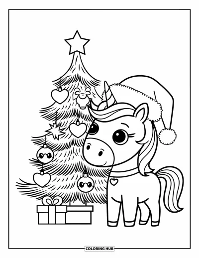 Coloriage de licorne de Noël pour enfants : Une licorne à la corne en forme de cœur se tient près d'un sapin avec des boules