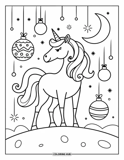 Coloriage de licorne de Noël pour enfants : Une licorne avec crinière et corne se tient parmi des boules sous la lune