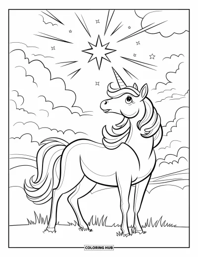 Coloriage de licorne de Noël pour enfants : Une licorne à la crinière rose contemple une brillante étoile de Noël dans le ciel