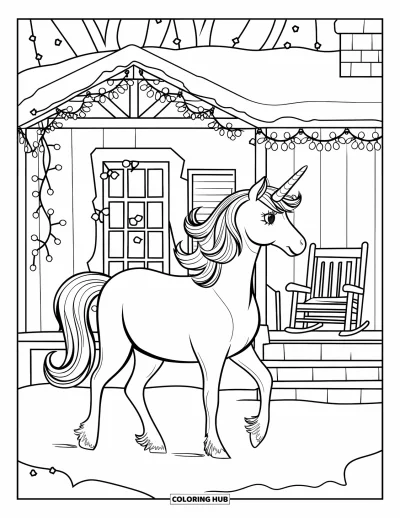 Coloriage de licorne de Noël pour enfants : Une licorne à la crinière rose passe devant un chalet enneigé avec une chaise sur le porche