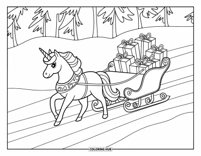 Coloriage de licorne de Noël pour enfants : Une licorne à la crinière rose tire un traîneau rempli de présents emballés