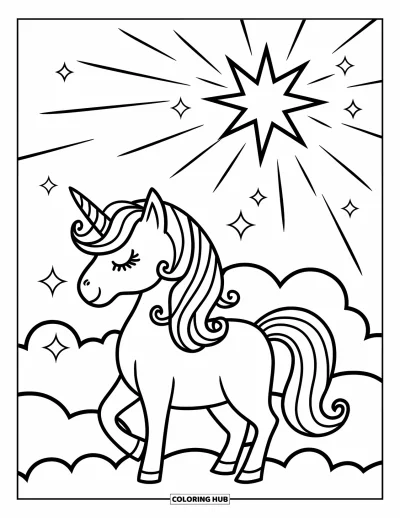 Coloriage de licorne de Noël pour enfants : Une licorne à la crinière rose se repose sur un nuage sous une étoile brillante