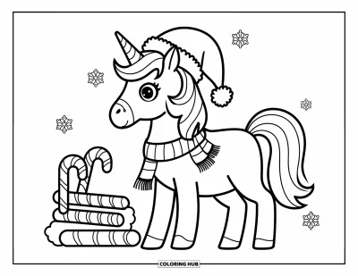 Coloriage de licorne de Noël pour enfants : Une licorne en bonnet de Père Noël se tient près d'un tas de cannes en sucre d'orge et de flocons