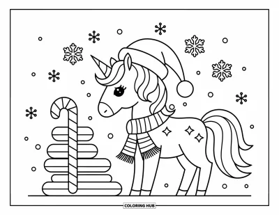 Coloriage de licorne de Noël pour enfants : Une licorne en bonnet de Père Noël se tient près de flocons de neige et de cannes en sucre d'orge