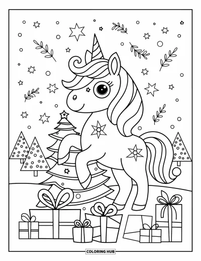 Coloriage de licorne de Noël pour enfants : Une licorne en bonnet de Père Noël se tient sur un sapin entouré de cadeaux