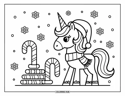 Coloriage de licorne de Noël pour enfants : Une licorne à la corne spiralée se tient sous la neige tombante près de cannes en sucre d'orge