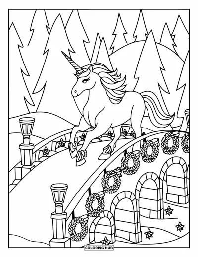 Coloriage de licorne de Noël pour enfants : Une licorne à la corne spiralée court sur un pont de pierre enneigé