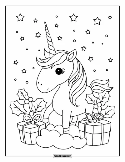 Coloriage de licorne de Noël pour enfants : Une licorne à la corne spiralée sur un nuage avec des cadeaux et du houx