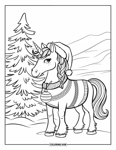 Coloriage de licorne de Noël pour enfants : Une licorne en pull et bonnet se tient près d'un pin enneigé