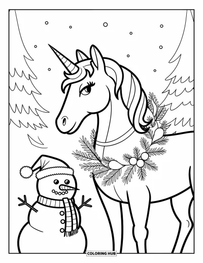 Coloriage de licorne de Noël pour enfants : Une licorne avec une guirlande autour du cou se tient près d'un bonhomme de neige