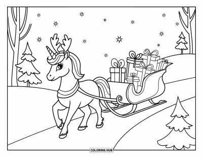 Coloriage de licorne de Noël pour enfants : Une licorne avec un serre-tête à bois tire un traîneau sous un ciel étoilé