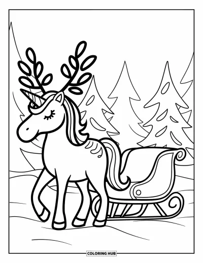 Coloriage de licorne de Noël pour enfants : Une licorne avec des bois se tient fièrement près d'un traîneau sur la neige