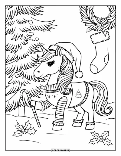 Coloriage de licorne de Noël pour enfants : Une licorne en tenue festive tient une canne en sucre d'orge près d'un pin décoré