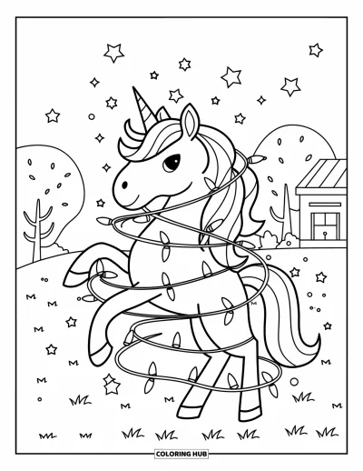 Coloriage de licorne de Noël pour enfants : Une licorne emmêlée dans des guirlandes scintille dans un champ hivernal festif