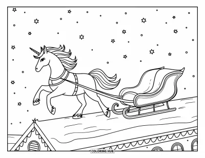 Coloriage de licorne de Noël pour enfants : Une licorne ailée tire un traîneau sur un toit enneigé sous les étoiles