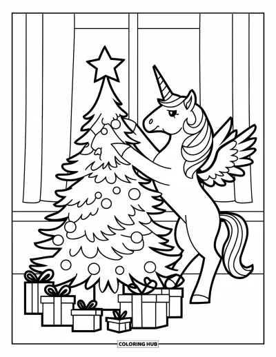 Coloriage de licorne de Noël pour enfants : Une licorne ailée couronnée place une étoile sur un sapin de Noël