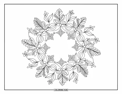 Coloriage de couronne de Noël pour adultes : Une couronne mandala botanique est remplie de flocons de neige détaillés sur fond blanc