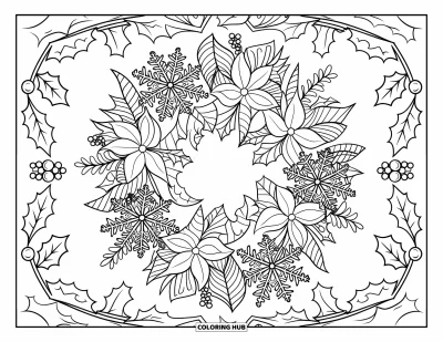 Coloriage de couronne de Noël pour adultes : Une couronne mandala botanique mêle des feuilles, des fleurs, du houx et des flocons de neige en contours généreux