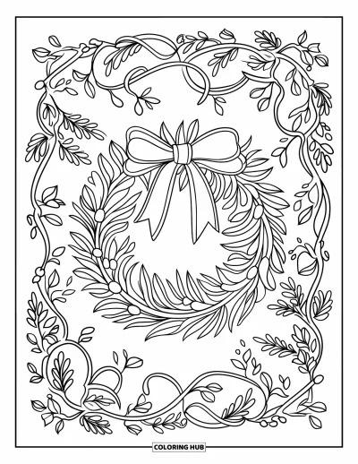 Coloriage de couronne de Noël pour adultes : Une couronne de Noël est encadrée de volutes ornées de feuilles et de baies