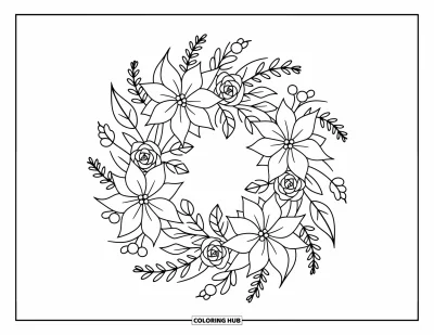 Coloriage de couronne de Noël pour adultes : Une couronne de Noël de poinsettias, de roses et de gui rayonne avec des flocons de neige et des rubans