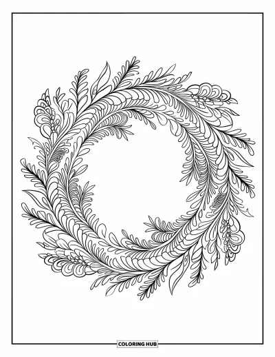 Coloriage de couronne de Noël pour adultes : Une couronne classique avec des bordures de mandala floral repose sur une page épurée