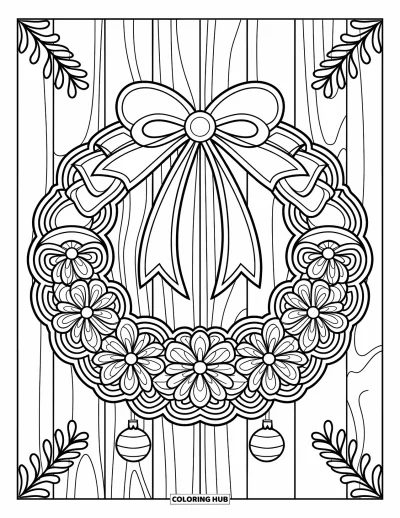 Coloriage de couronne de Noël pour adultes : Une couronne décorée avec des mandalas et des rubans est posée sur un mur en bois