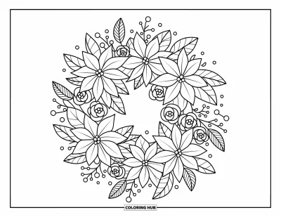 Coloriage de couronne de Noël pour adultes : Une couronne florale de poinsettias, de roses et de gui est nouée avec des rubans