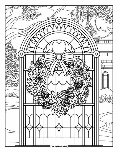 Coloriage de couronne de Noël pour adultes : Une couronne de houx orne une arche de vitrail avec des arbres enneigés en toile de fond
