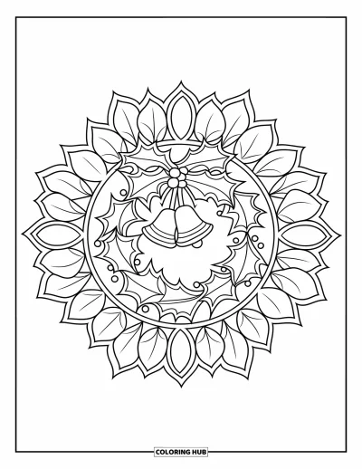 Coloriage de couronne de Noël pour adultes : Une couronne de houx entourée de mandalas radiaux de pétales et de feuilles sur fond blanc