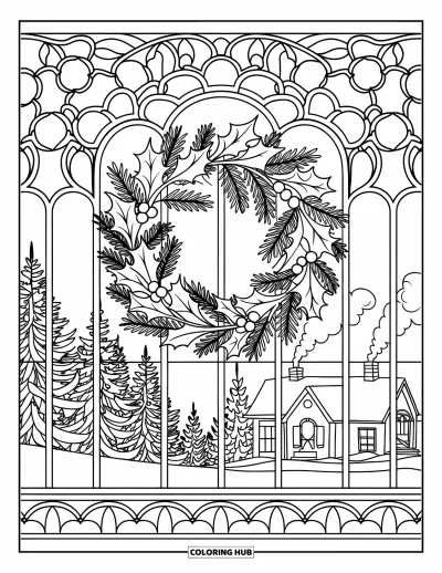 Coloriage de couronne de Noël pour adultes : Une couronne de houx est centrée dans un vitrail avec de la neige au-dehors