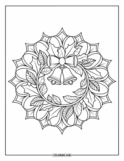 Coloriage de couronne de Noël pour adultes : Une couronne de houx avec des cloches est entourée de couches de pétales en mandala