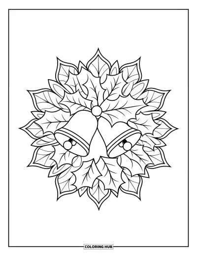 Coloriage de couronne de Noël pour adultes : Une couronne de houx avec des cloches est encadrée de pétales de mandala et de feuilles