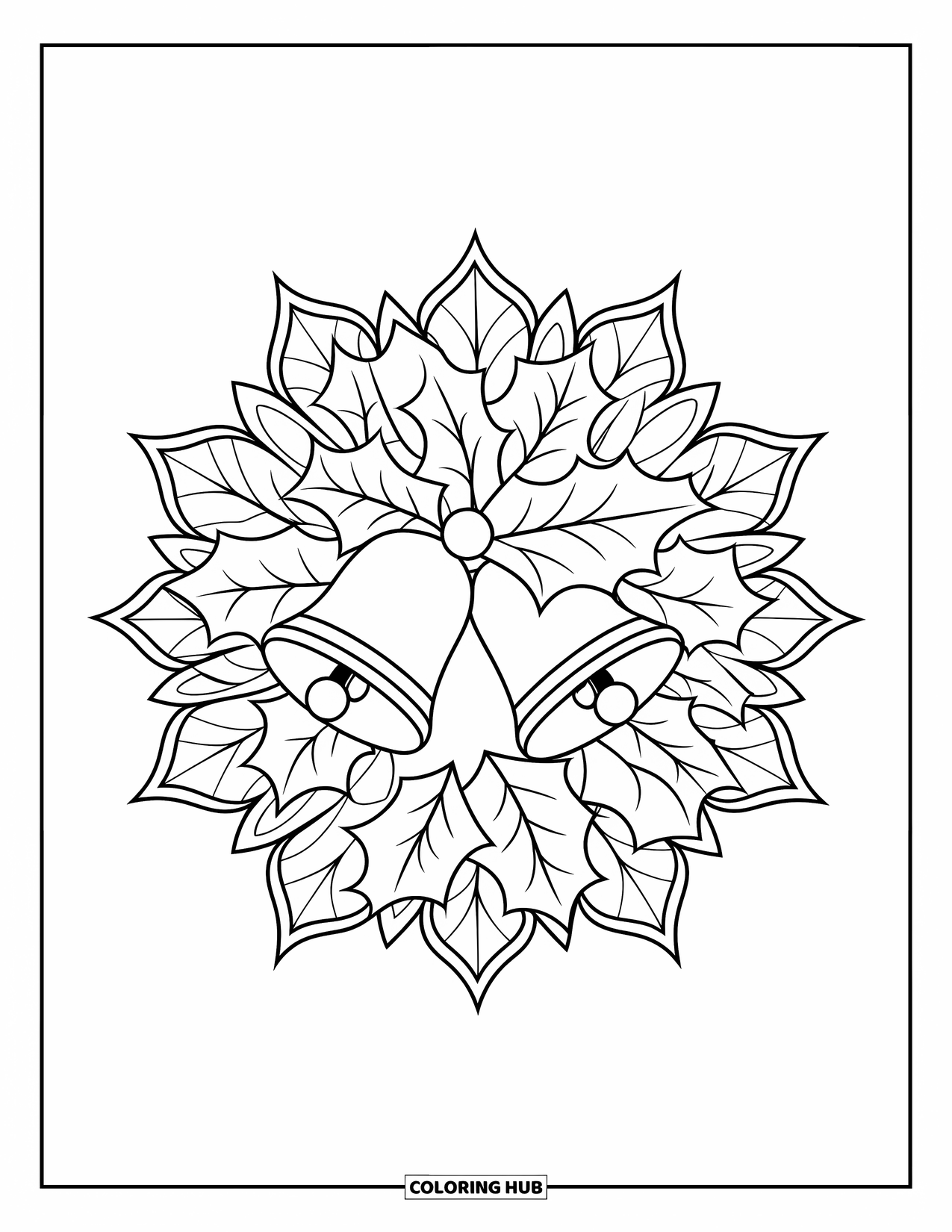 Coloriage de couronne de Noël pour adultes : Une couronne de houx avec des cloches est encadrée de pétales de mandala et de feuilles