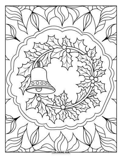 Coloriage de couronne de Noël pour adultes : Une couronne de houx avec des cloches est placée au centre d'un mandala