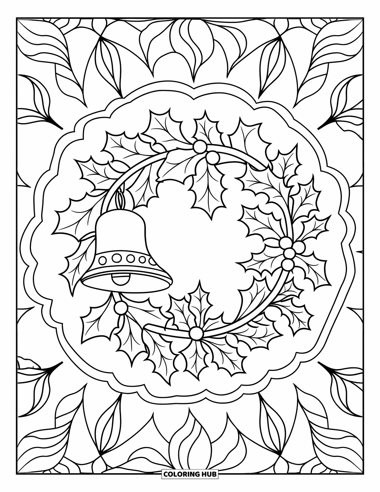 Coloriage de couronne de Noël pour adultes : Une couronne de houx avec des cloches est placée au centre d'un mandala