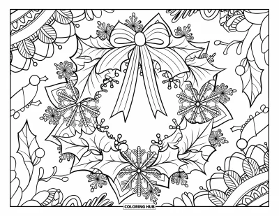 Coloriage de couronne de Noël pour adultes : Une couronne de houx avec des baies et un ruban est encadrée par un mandala botanique