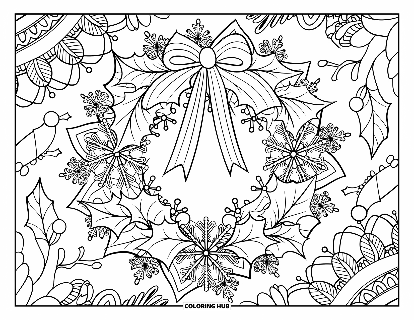 Coloriage de couronne de Noël pour adultes : Une couronne de houx avec des baies et un ruban est encadrée par un mandala botanique