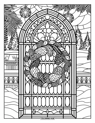 Coloriage de couronne de Noël pour adultes : Une couronne superposée de pommes de pin et de houx s'inscrit dans une arche de vitrail très détaillée