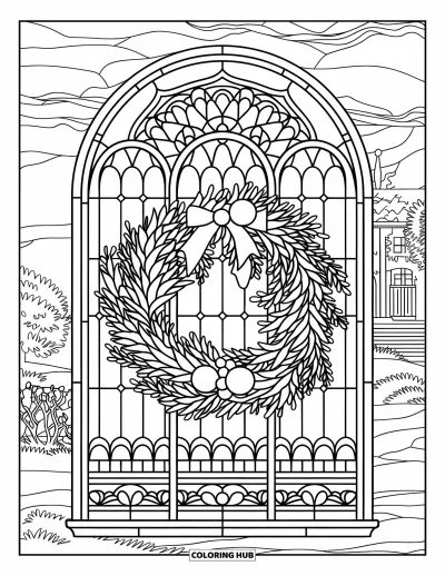 Coloriage de couronne de Noël pour adultes : Une couronne de pin et de houx remplit un vitrail avec des arbres enneigés en arrière-plan