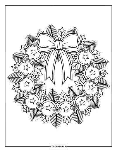 Coloriage de couronne de Noël pour adultes : Une couronne de pin scintille avec des nœuds, des cloches, des pommes de pin et des grappes de baies
