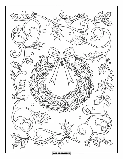 Coloriage de couronne de Noël pour adultes : Une couronne de houx simple avec des lierres et un ruban repose sur fond blanc