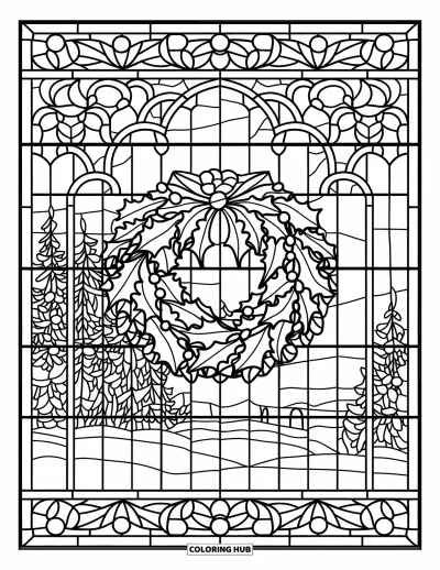 Coloriage de couronne de Noël pour adultes : Un cadre en vitrail présente une couronne de houx au-dessus d'arbres enneigés et d'une maison