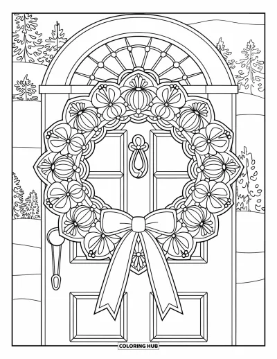 Coloriage de couronne de Noël pour adultes : Une couronne traditionnelle avec des rubans et des mandalas est suspendue à une porte enneigée