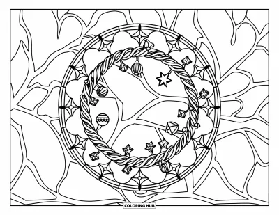 Coloriage de couronne de Noël pour adultes : Une couronne en fil torsadé avec des boules brille dans un cadre de vitrail en étoile