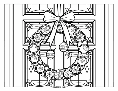 Coloriage de couronne de Noël pour adultes : Une couronne ancienne avec des boules est insérée dans un vitrail en étoile