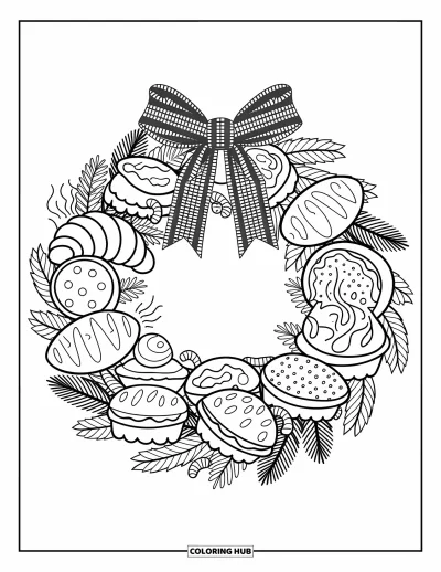 Coloriage de couronne de Noël pour adultes : Une couronne de houx et de sapin renferme des croissants, des cupcakes, des biscuits et de petits pains