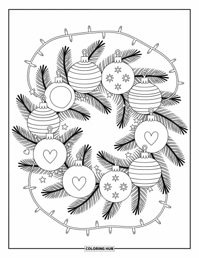 Coloriage de couronne de Noël pour adultes : Une couronne de branches entrelacées porte des boules aux motifs espièges et des guirlandes scintillantes