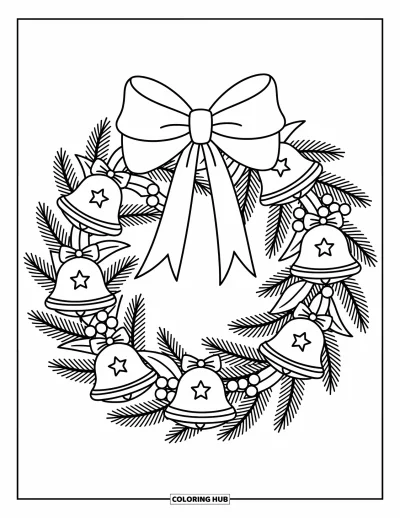 Coloriage de couronne de Noël pour adultes : Une couronne de branches de pin entrelacées présente des cloches en étoile et un ruban en arc élégant
