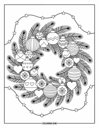 Coloriage de couronne de Noël pour adultes : Une couronne de branches de pin porte des boules à rayures, à pois et à flocons de neige